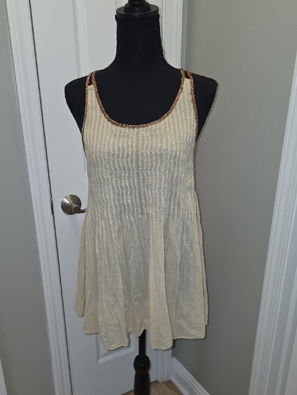 Cream Boho Sleeveless Tunic with Trim